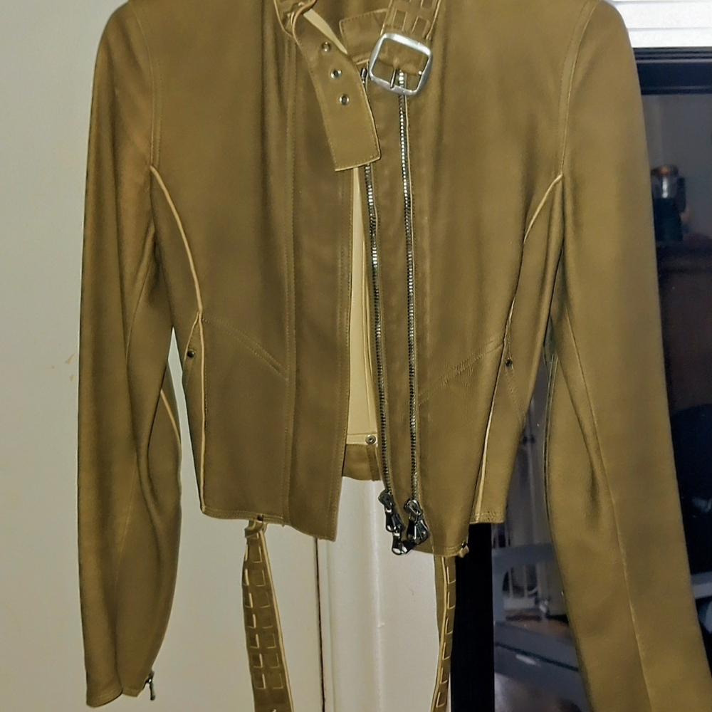 RARE John Varvatos Women’s Tan Leather Belted Moto Jacket